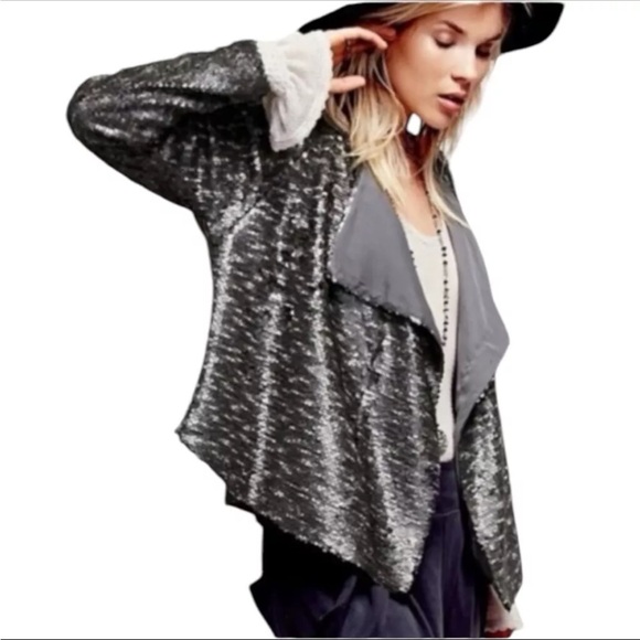 Free People Sequin Open Front Waterfall Jacket in Silver – Size Small - Picture 2 of 12